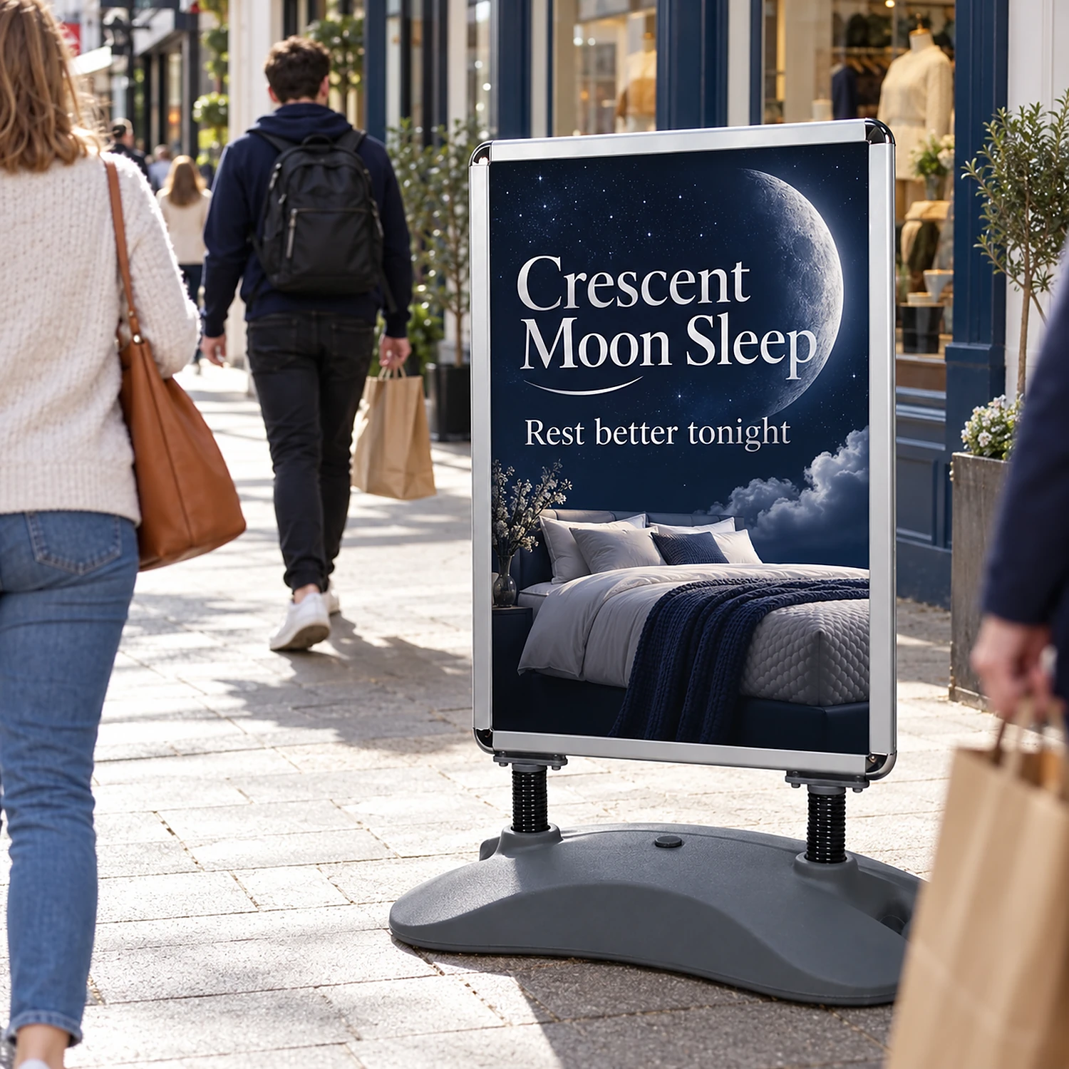 Whirlwind Water Base Swing Sign in use on a high street