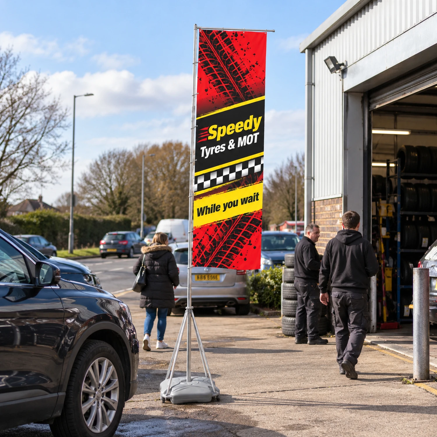 Wind Dancer Telescopic Flag Pole and Flag in use at an event