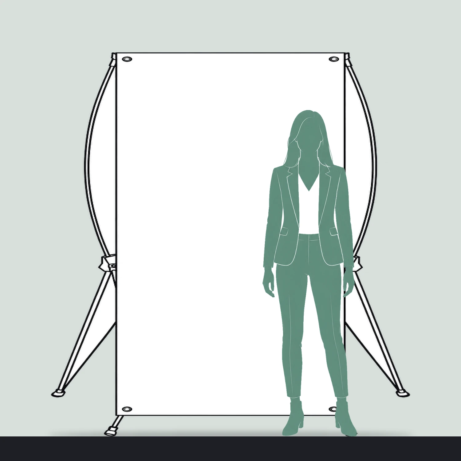 Xscape Tension Banner Stand 1.2m x 2m size compared with a person
