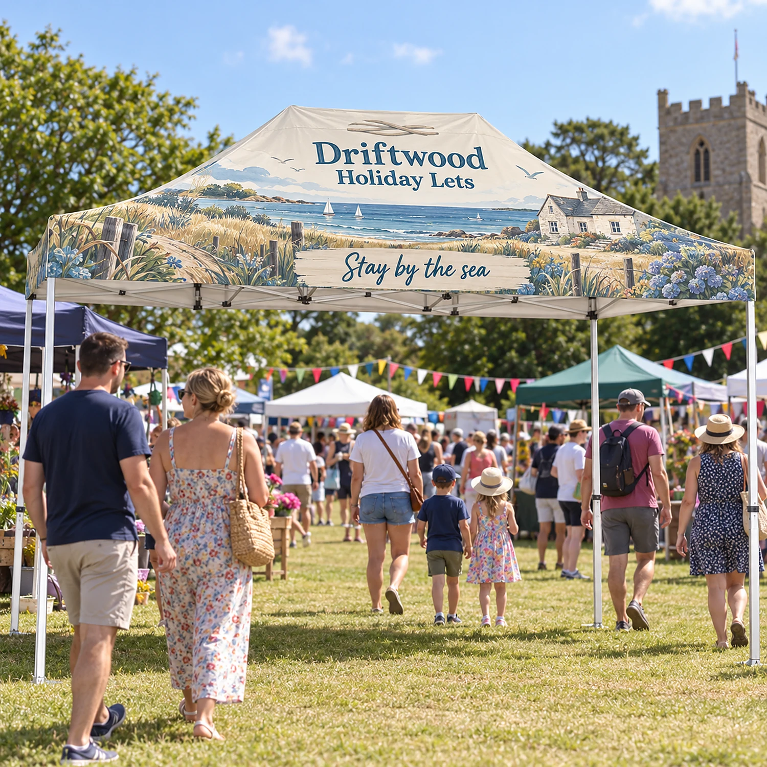 Zoom 3m x 4.5m Printed Gazebo in use at an outdoor village fete