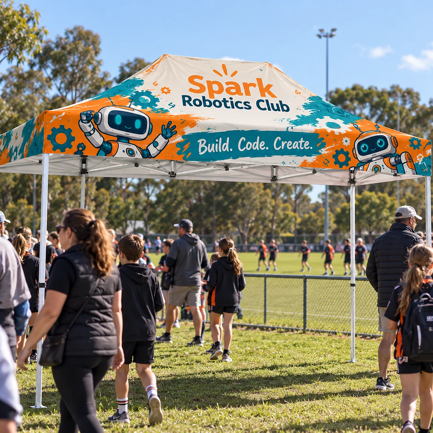 Zoom 3m x 4.5m Printed Gazebo in use at an outdoor sports event