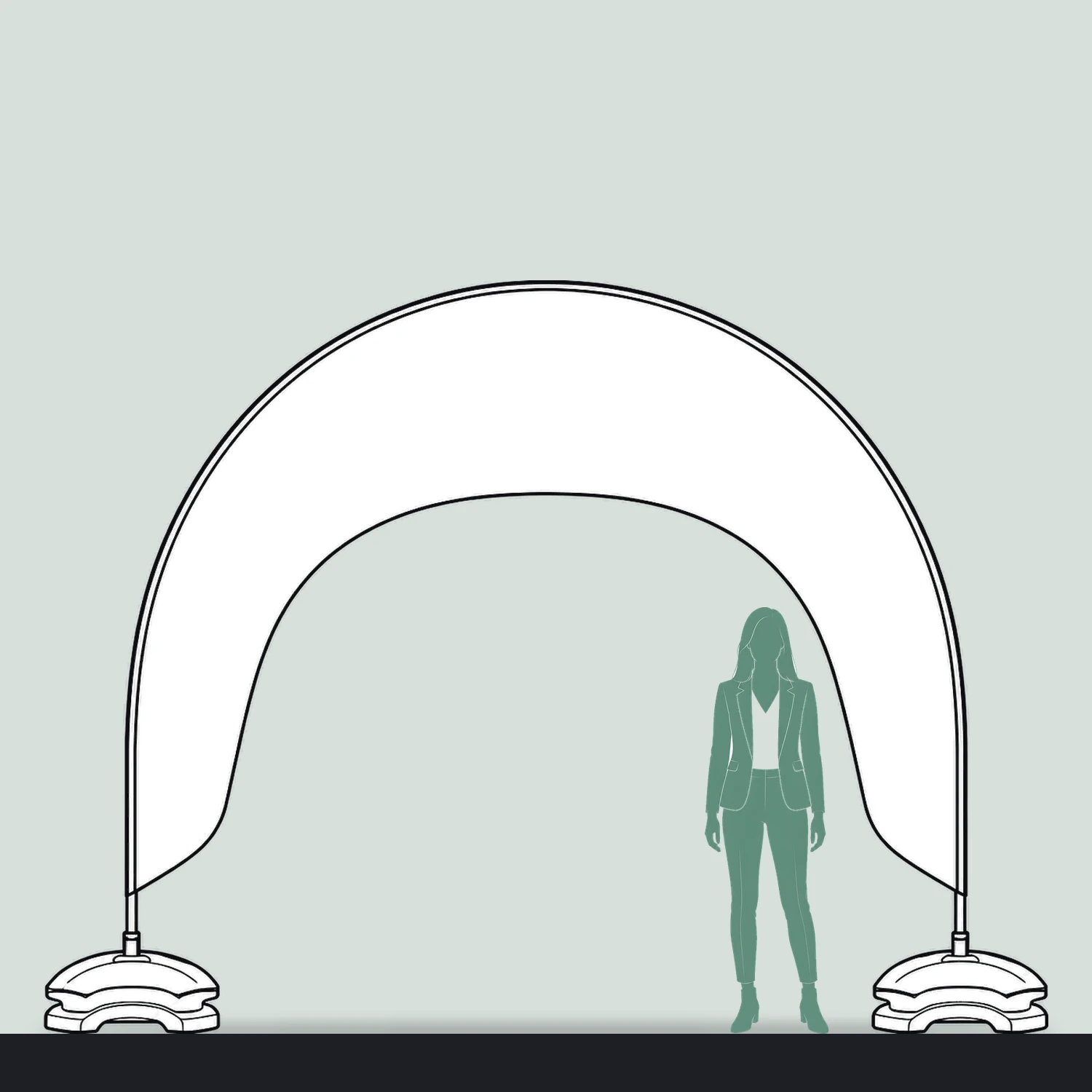 Zoom+ Arch Flag, 4m x 3m size compared with a person
