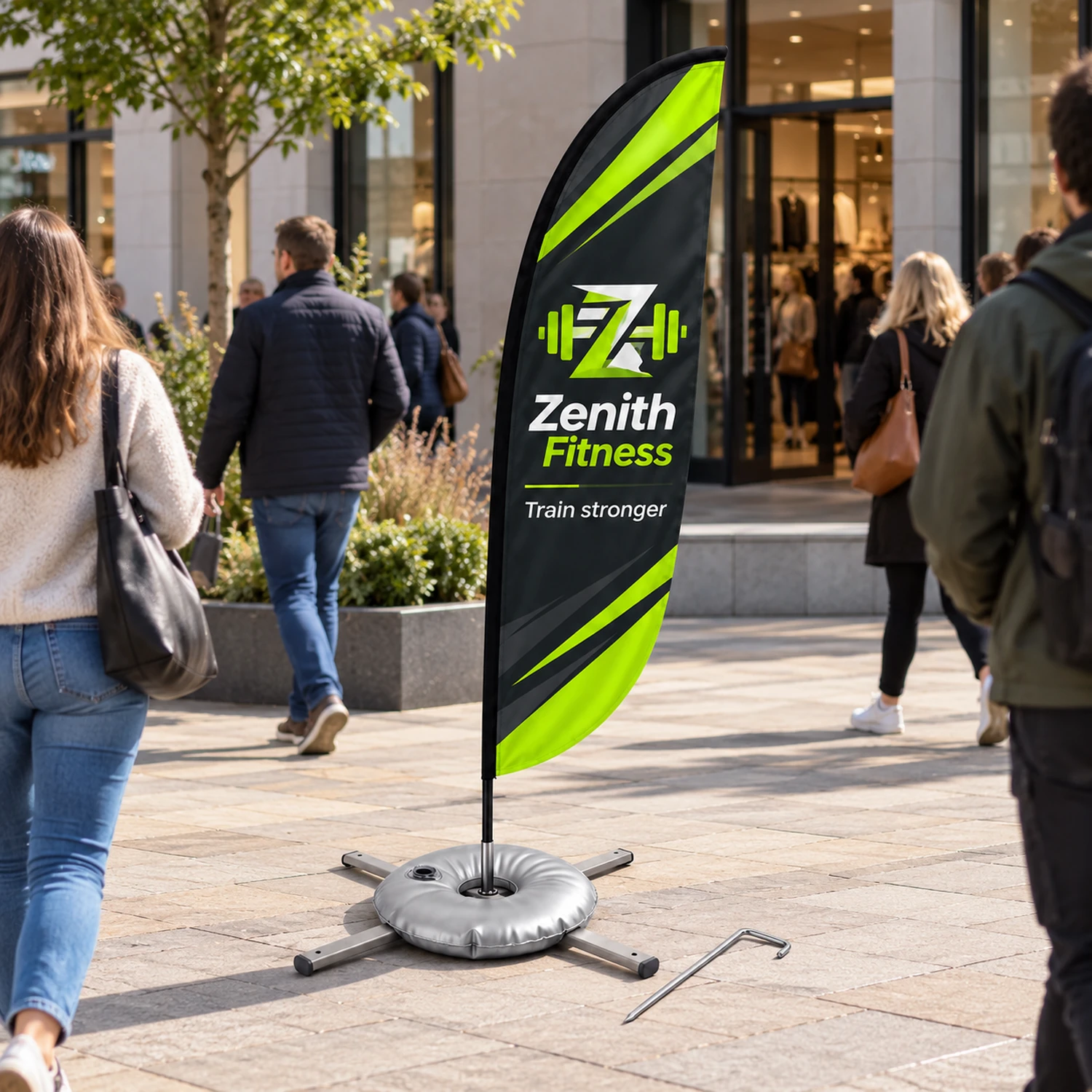 Zoom+ Crest Flag Set with Cross Base and Weight Ring in use at an event
