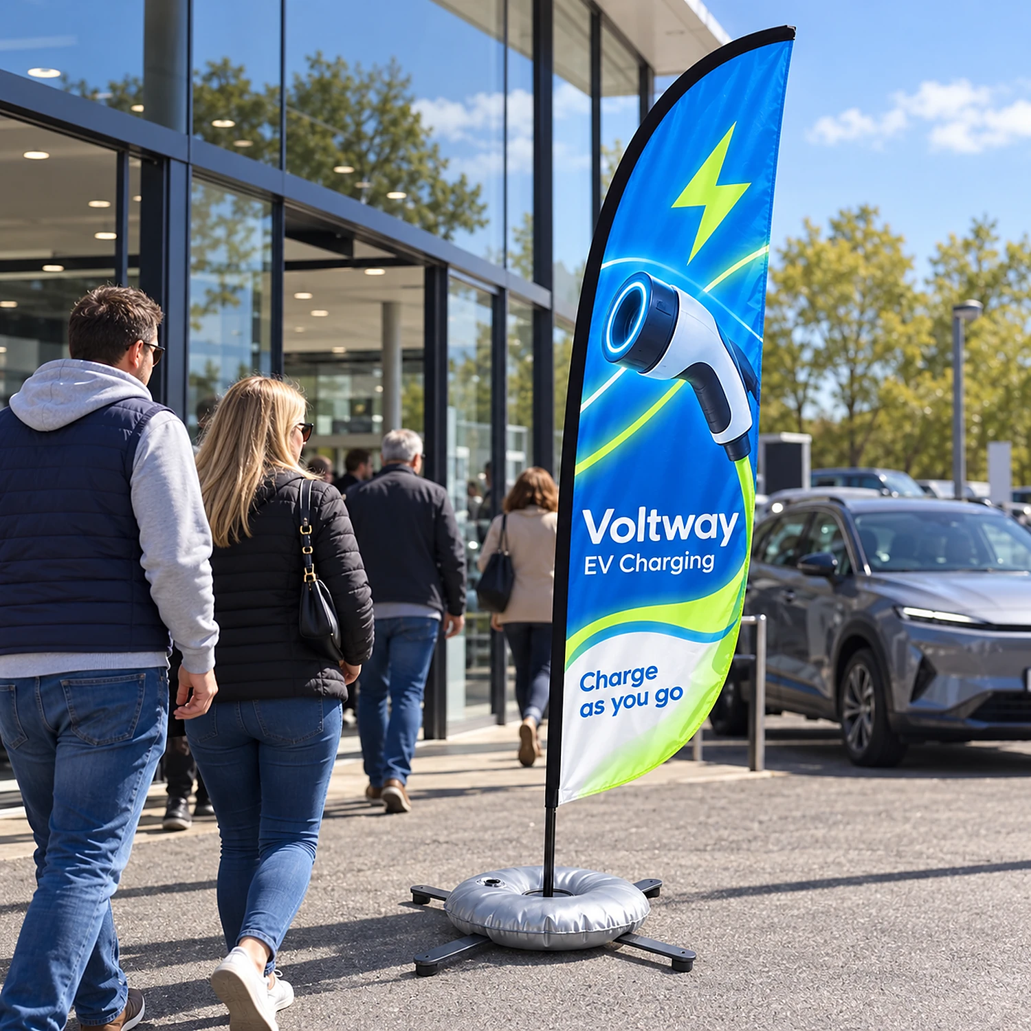 Zoom+ Crest Flag Set with Cross Base in use outside a showroom