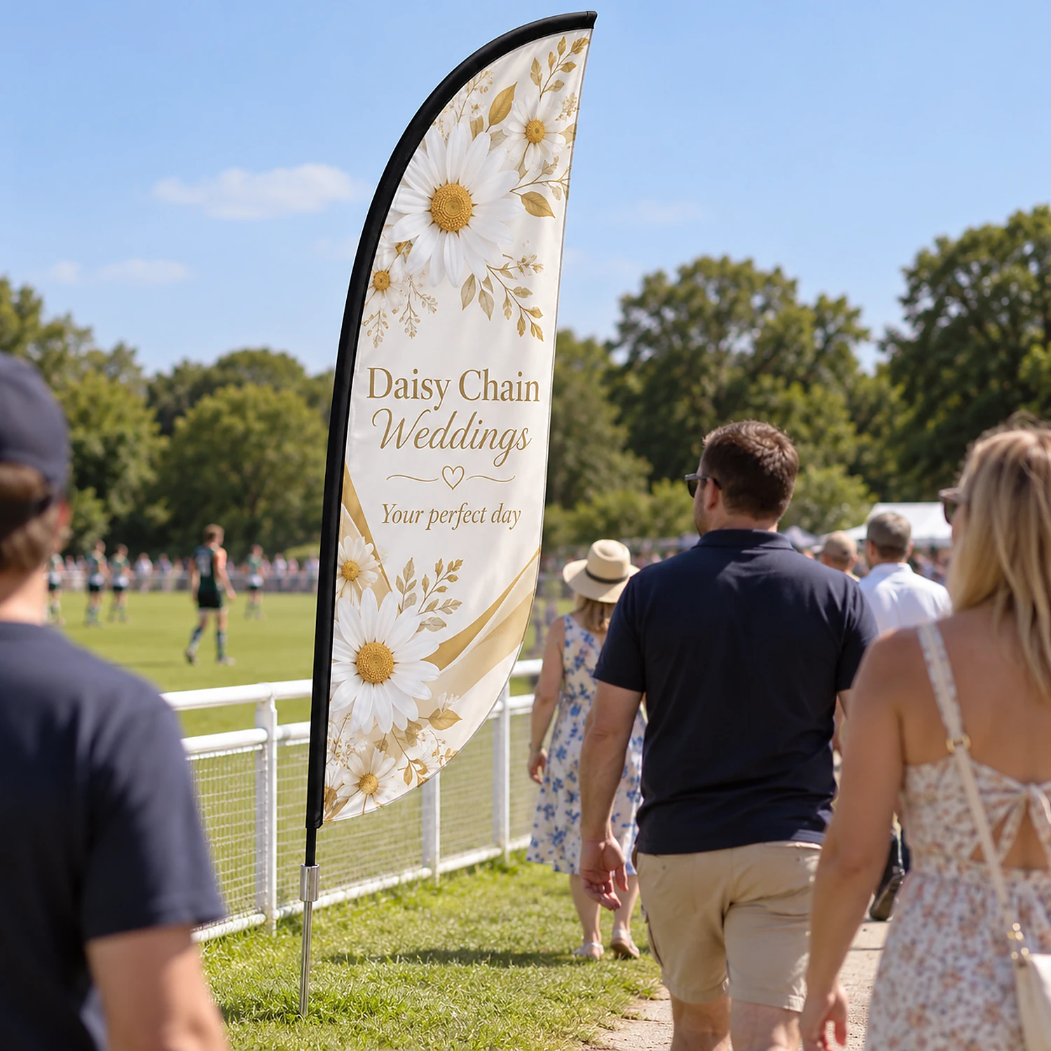 Zoom+ Crest Flag Set with Ground Spike in use at an outdoor sports event