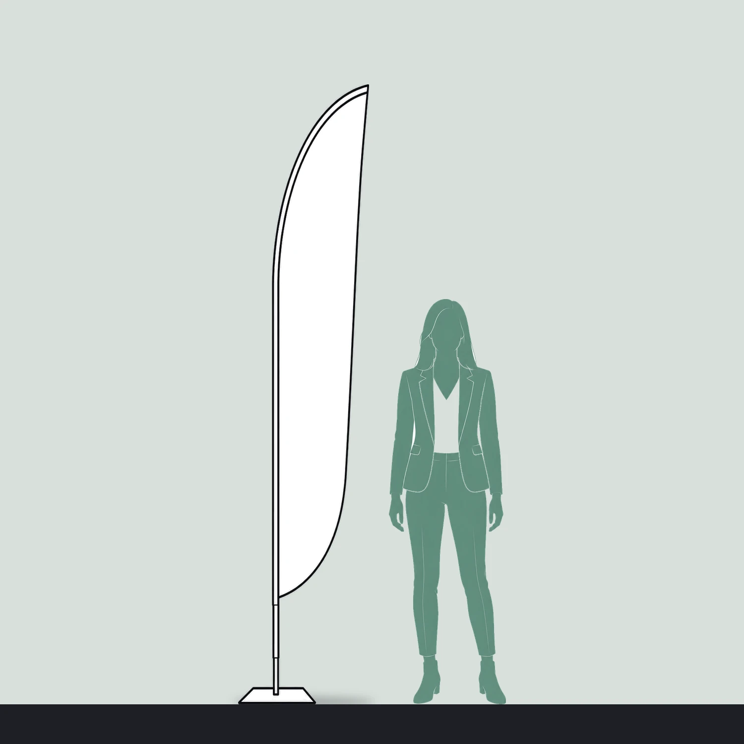 Zoom+ Crest Flag Small, 2.6m Tall size compared with a person