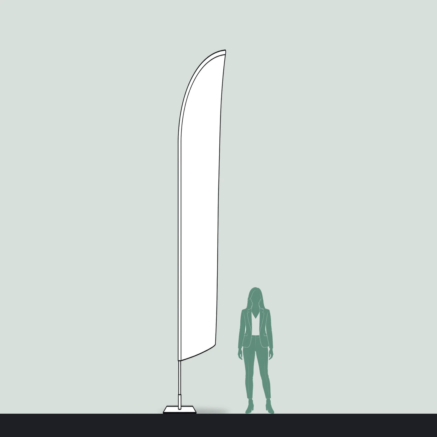 Zoom+ Feather Flag Extra Large, 4.9m Tall size compared with a person