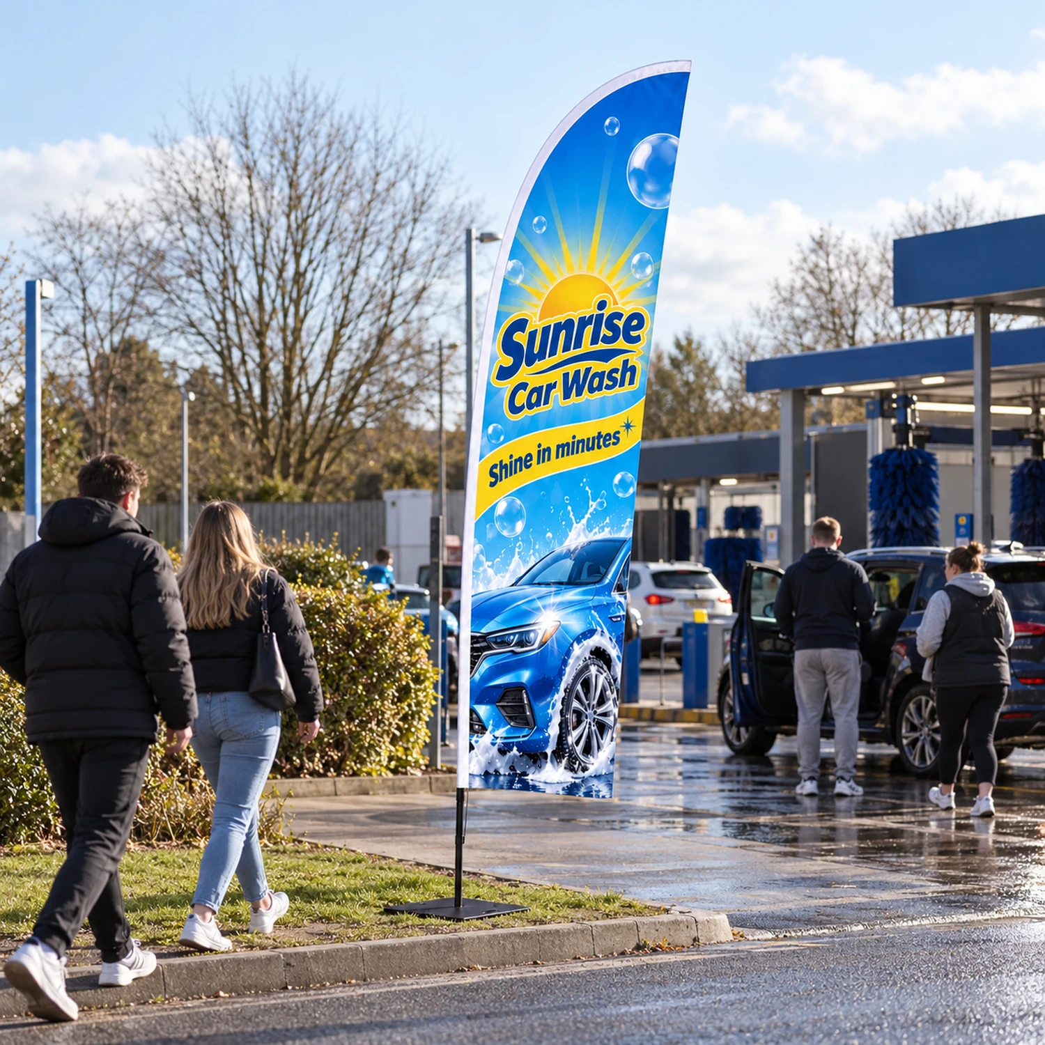 Zoom+ Feather Flag Extra Large, 4.9m Tall in use at an event