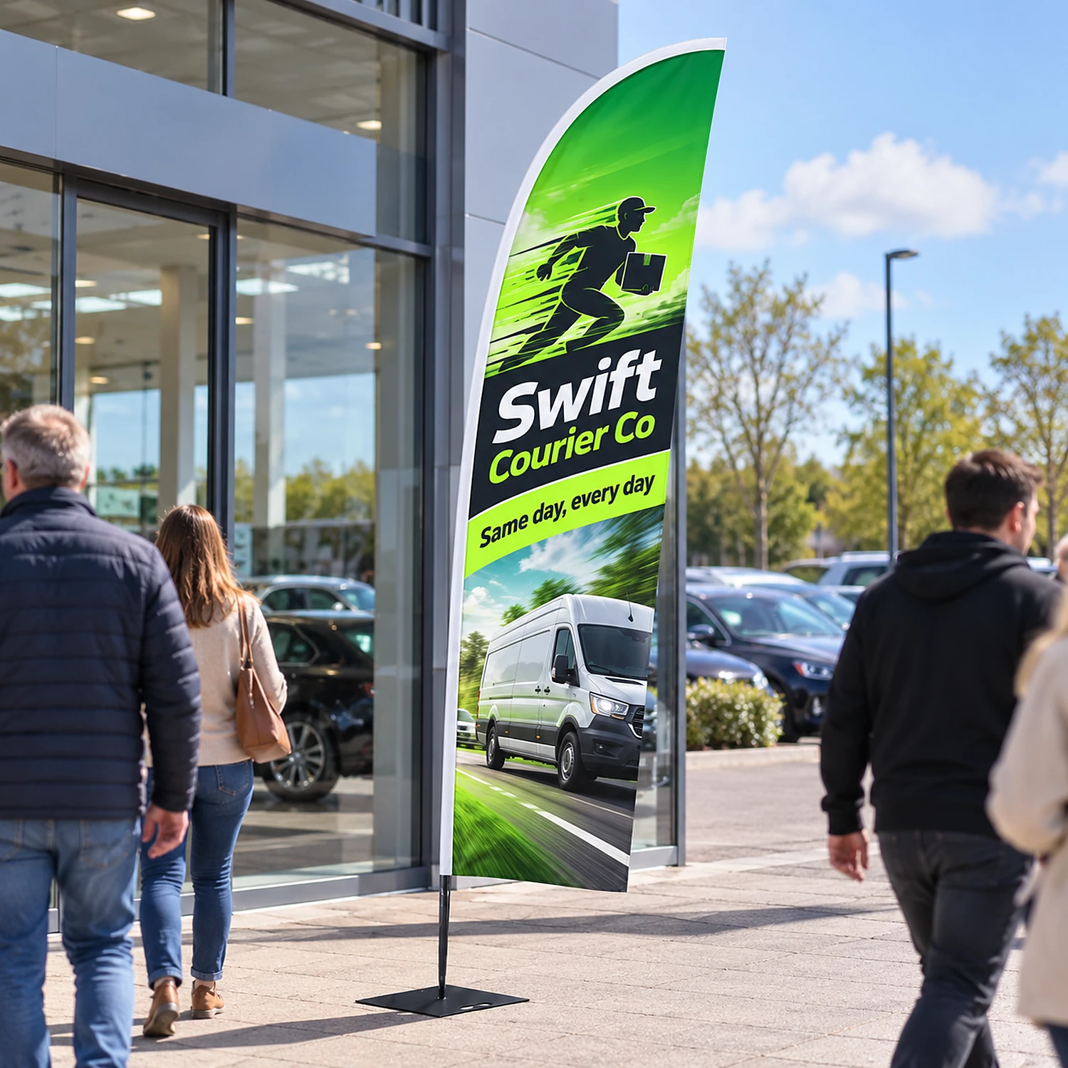 Zoom+ Feather Flag in use outside a showroom