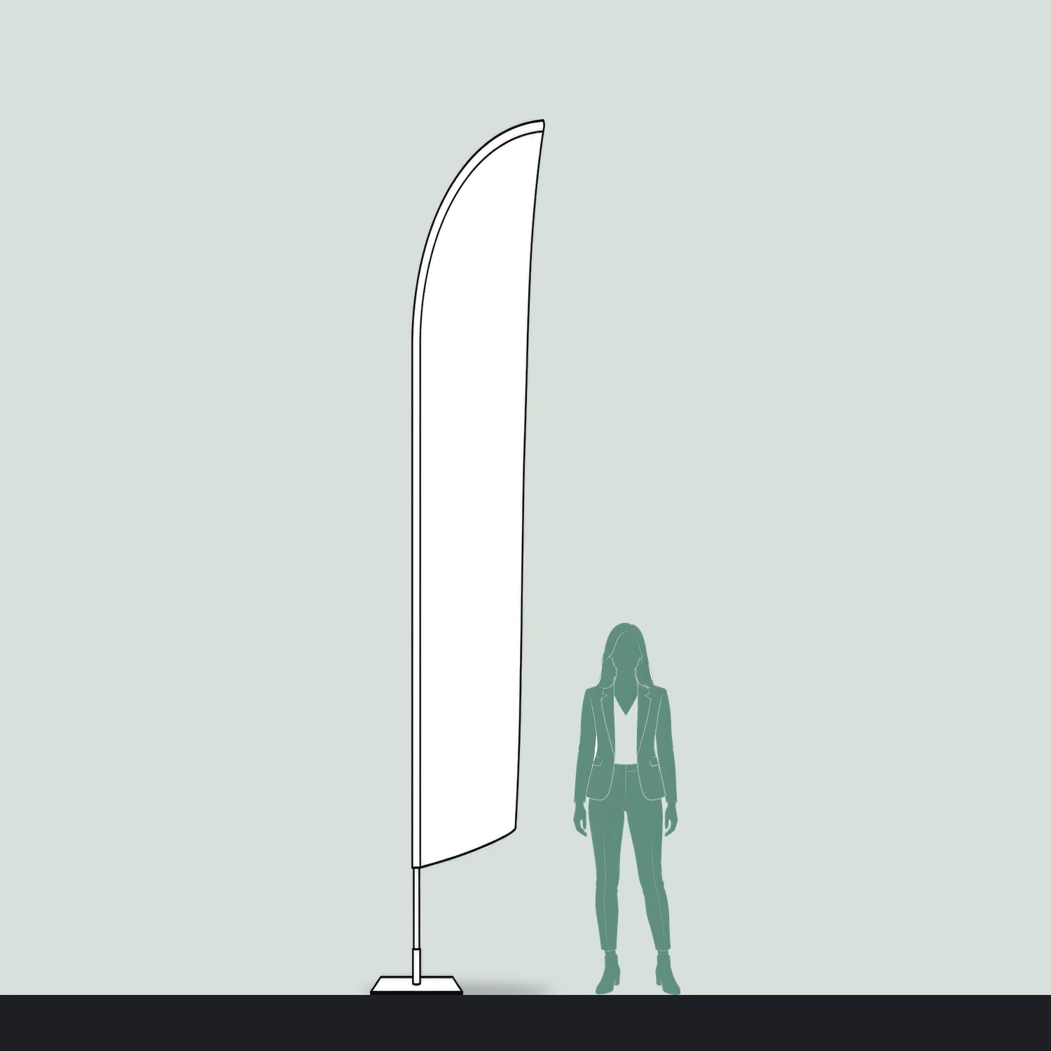Zoom+ Feather Flag Large, 4m Tall size compared with a person