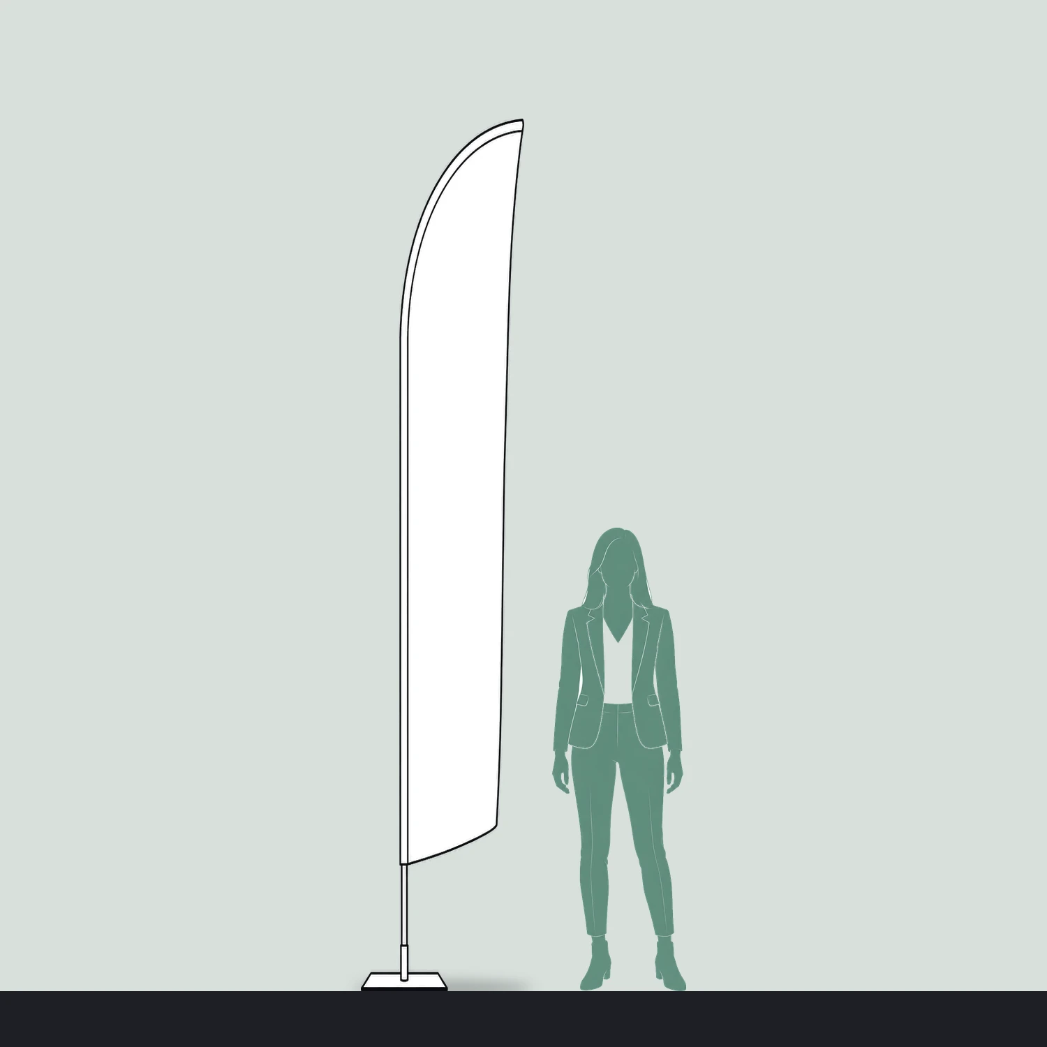 Zoom+ Feather Flag Medium, 3.2m Tall size compared with a person