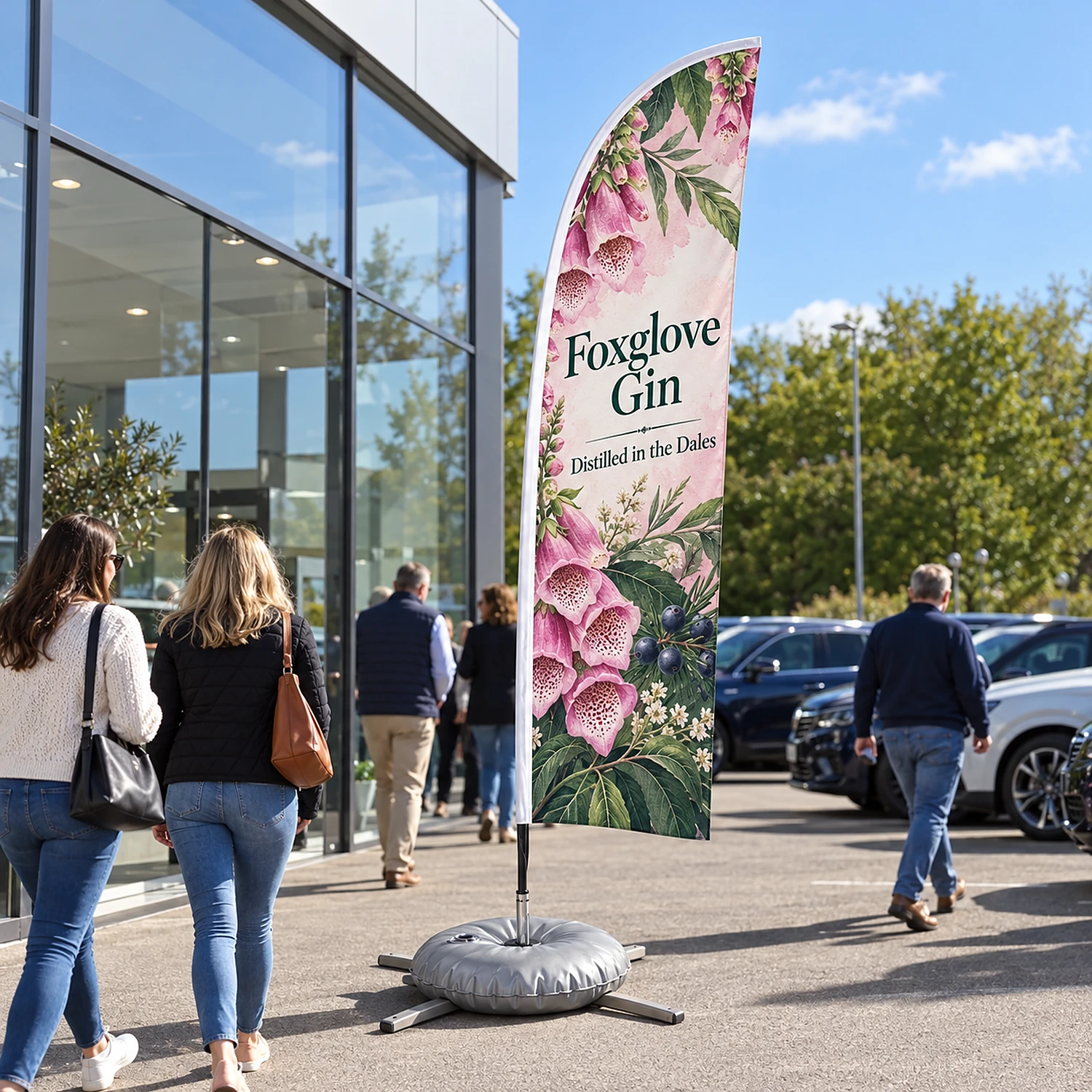 Zoom+ Feather Flag Set with Cross Base in use outside a showroom