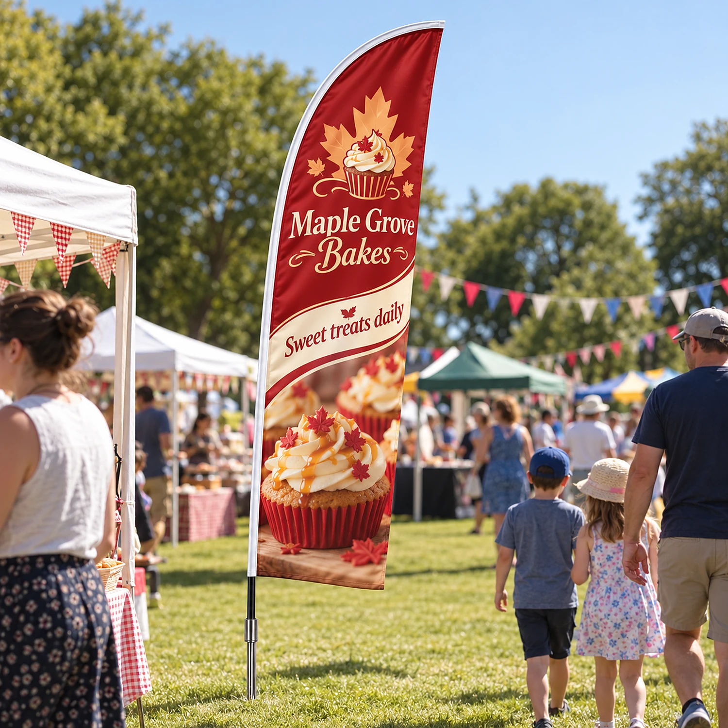 Zoom+ Feather Flag Set with Ground Spike in use at an outdoor village fete