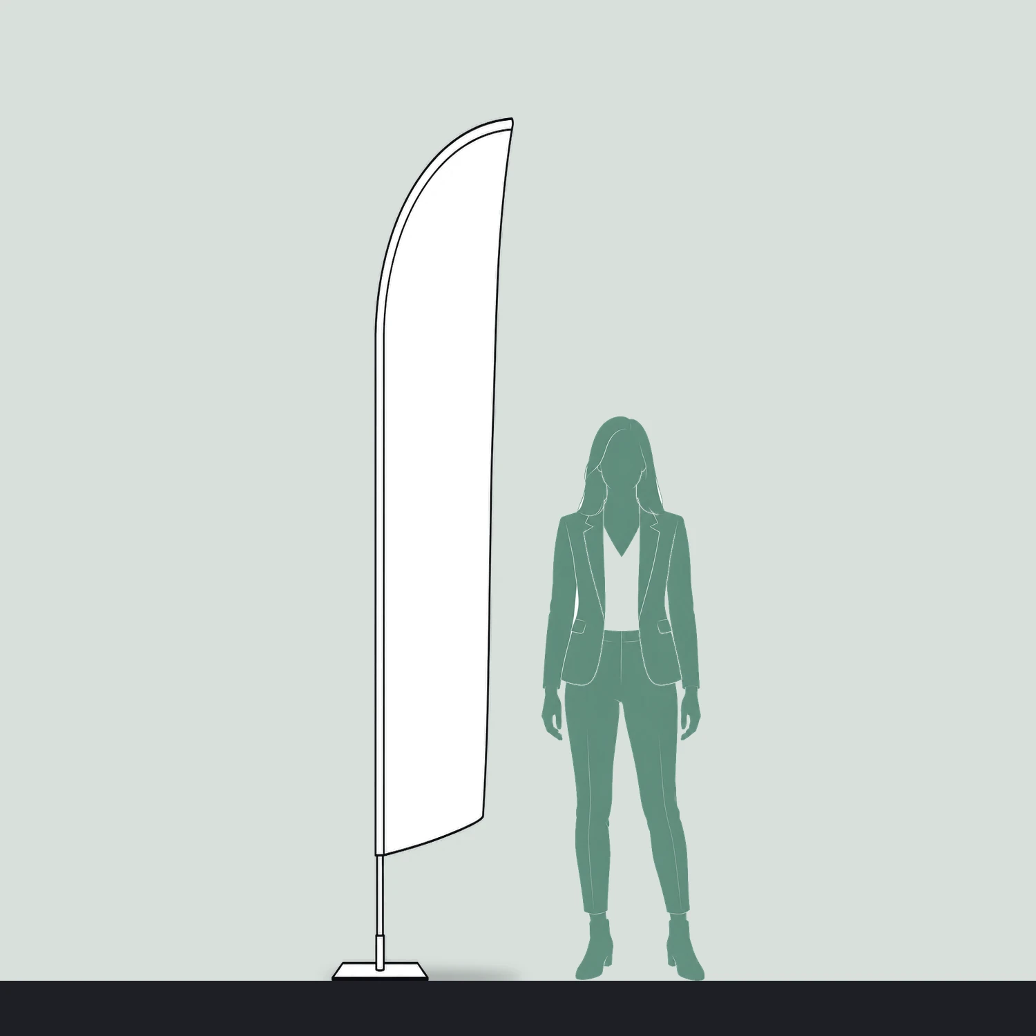 Zoom+ Feather Flag Small, 2.6m Tall size compared with a person