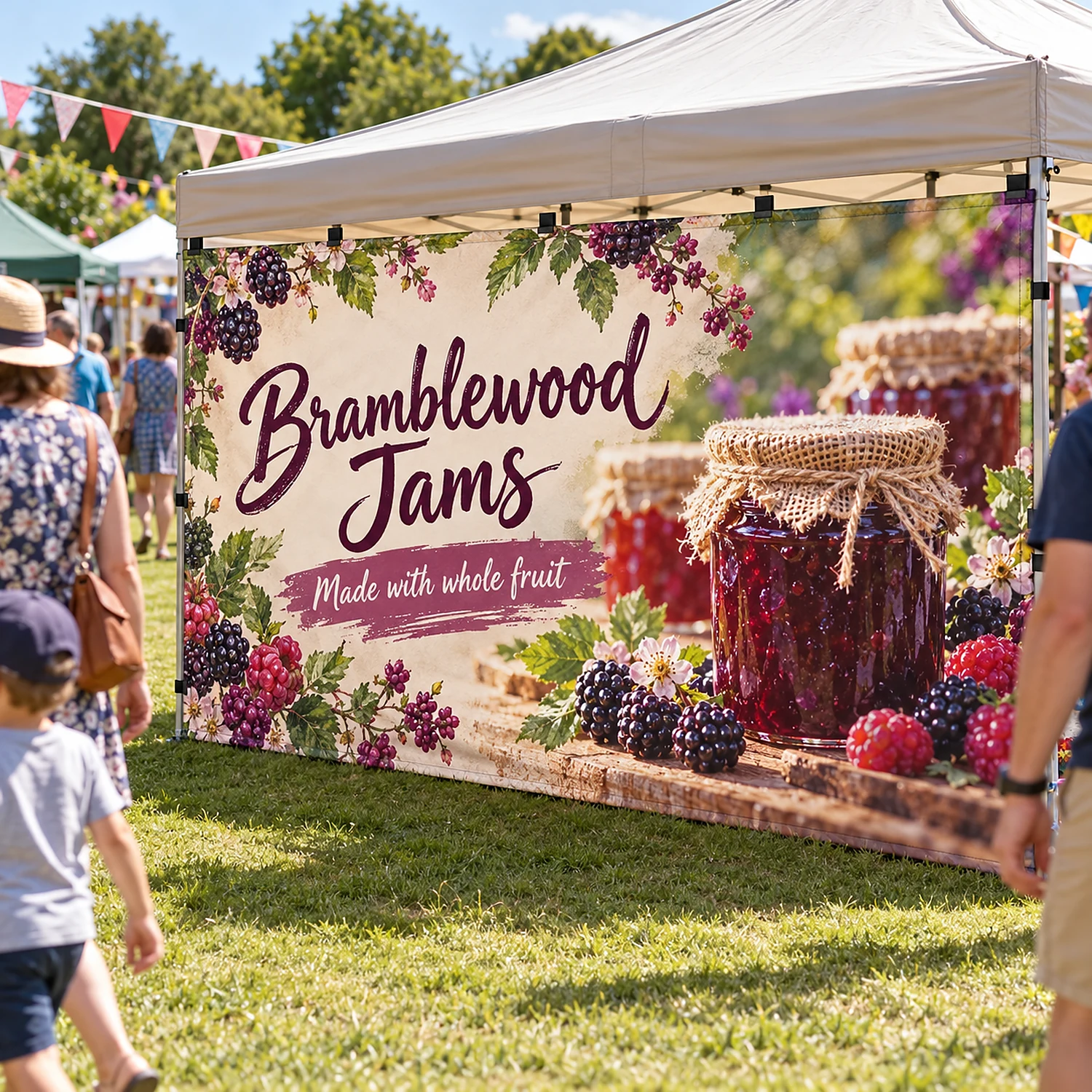 Zoom Gazebo Printed Full Wall in use at an outdoor village fete