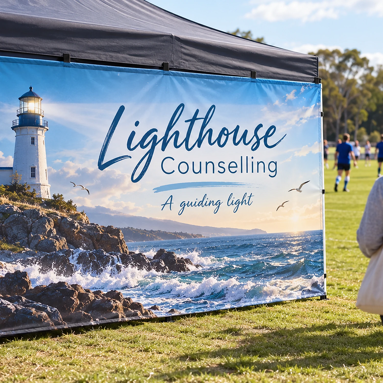 Zoom Gazebo Printed Full Wall in use at an outdoor sports event