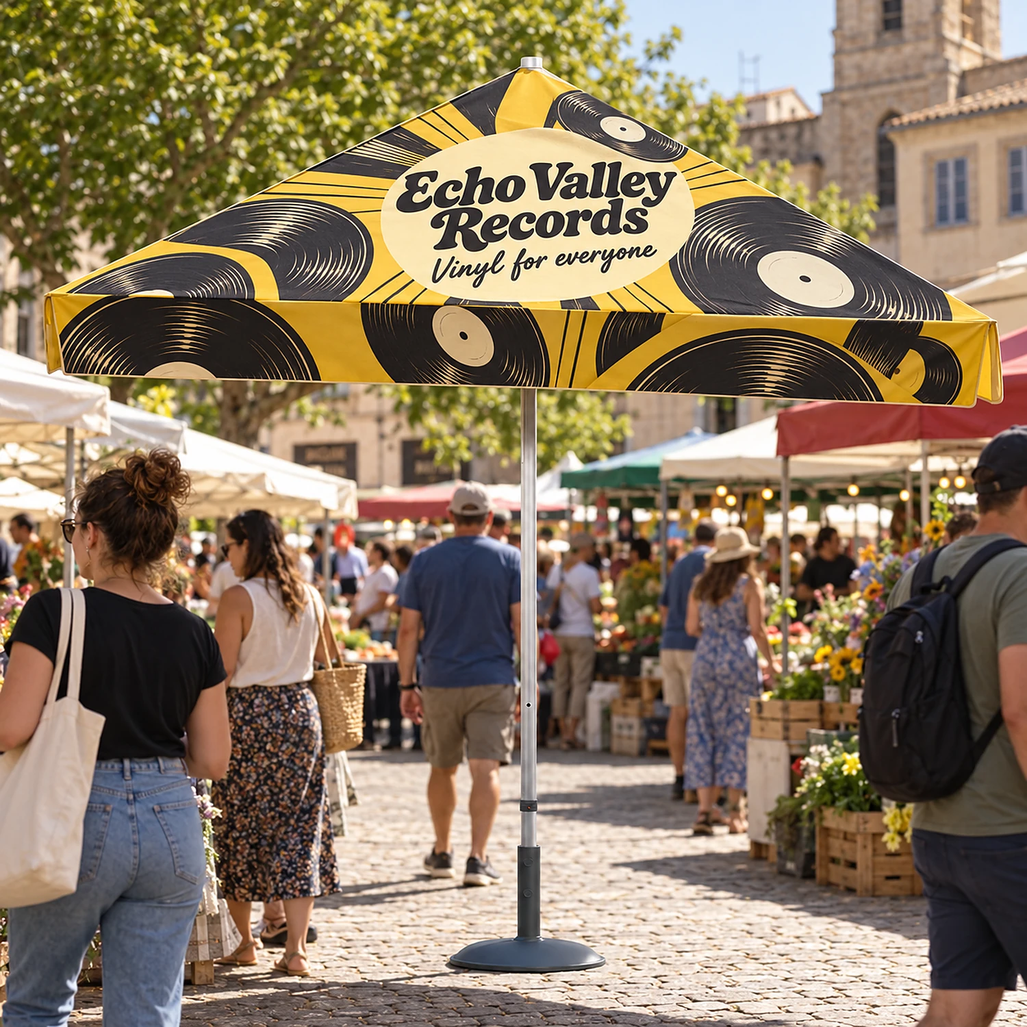 Zoom Printed Square Parasol in use at an outdoor market