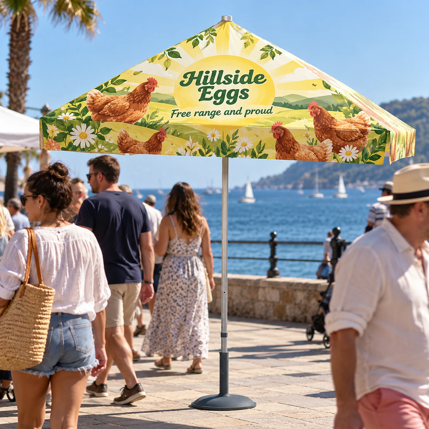 Zoom Printed Square Parasol in use on a seaside promenade