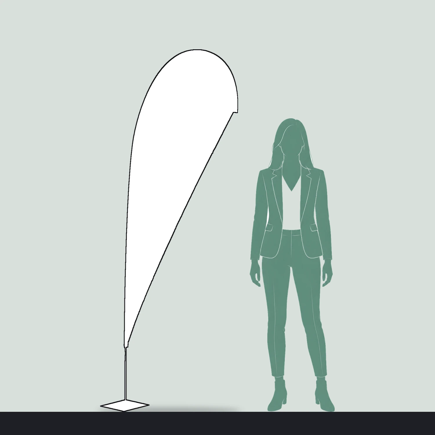Zoom+ Quill Flag Small, 2.1m Tall size compared with a person