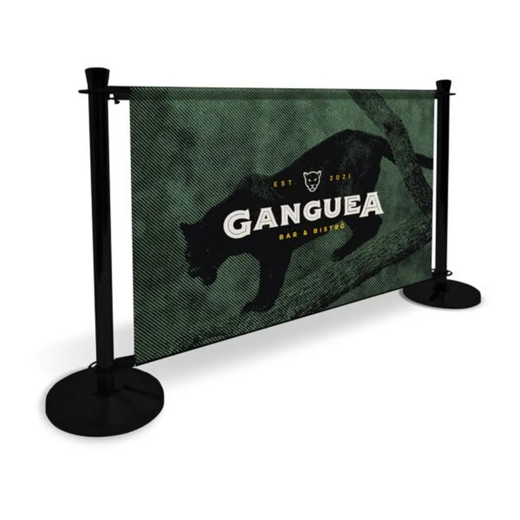 Bistro cafe barrier with black posts and a green printed banner