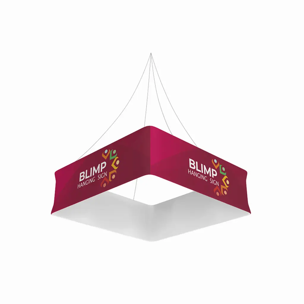 Four sided square hanging banner with printed fabric faces