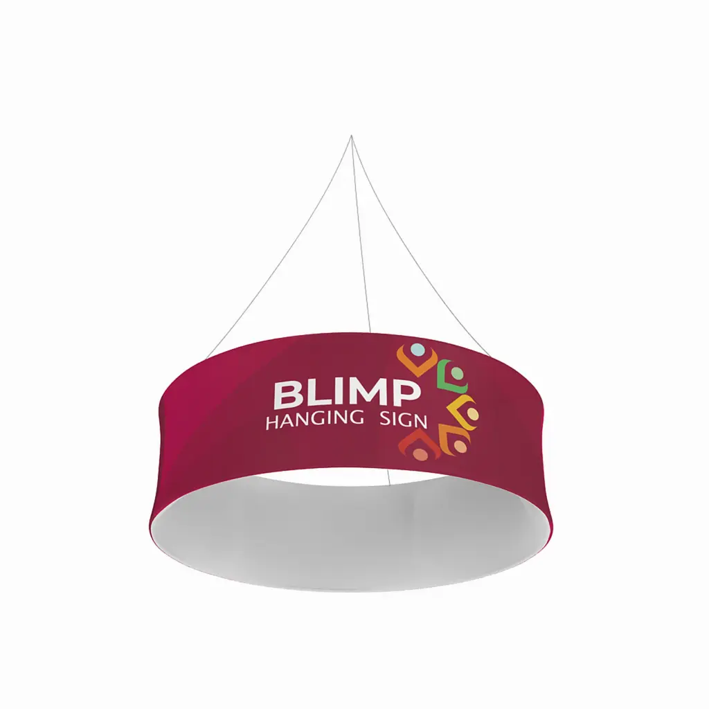 Circular tube blimp hanging banner suspended on cables