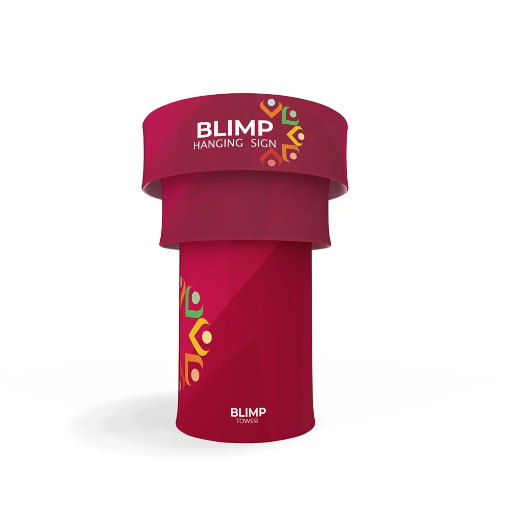 Circular blimp tower with two round blimps above a printed column