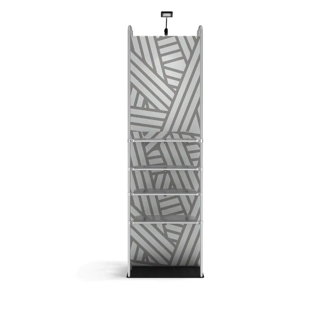 WaveLine Merchandiser display shelf unit with clear shelves and a printed fabric graphic