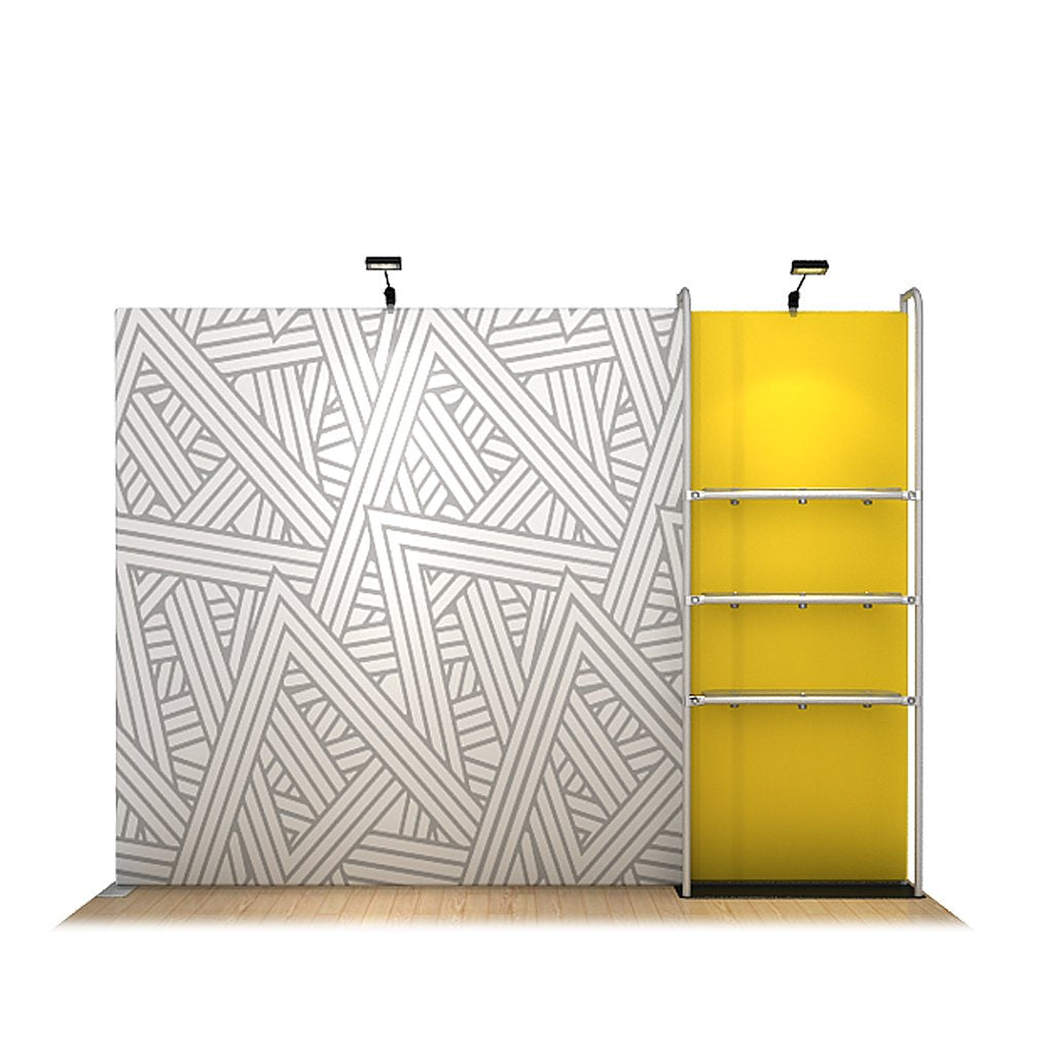 Modular retail display stand with fabric backwall, shelving tower and lights
