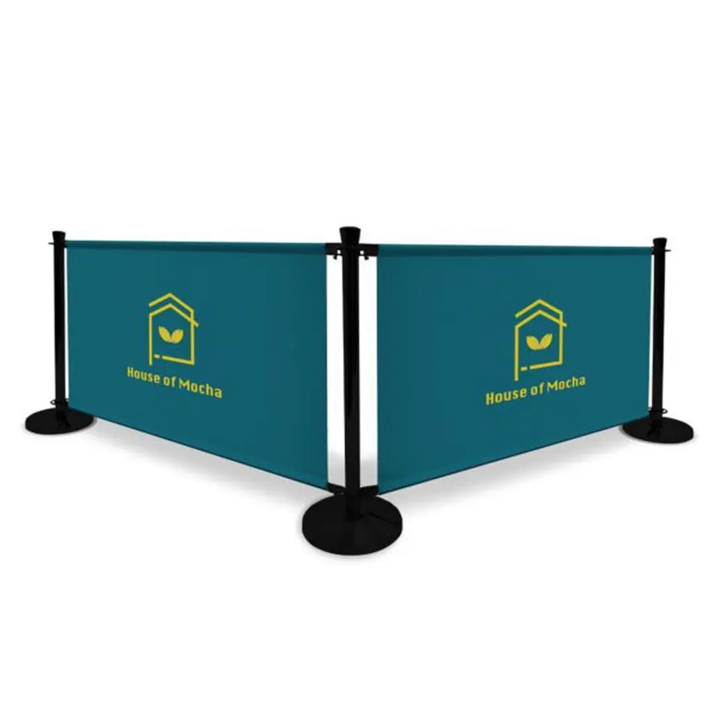 Mocha cafe barrier with black posts and teal printed banners