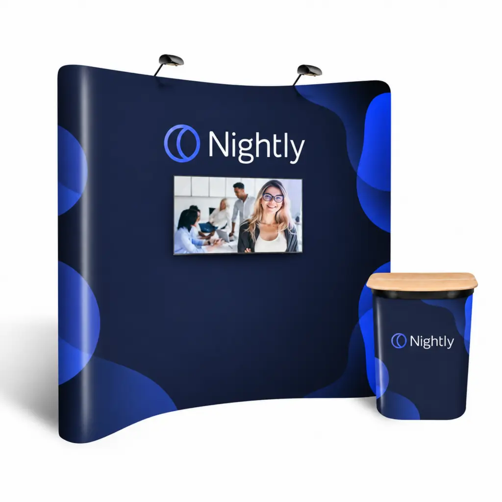 Curved pop up stand with a TV screen mounted in the centre and a counter