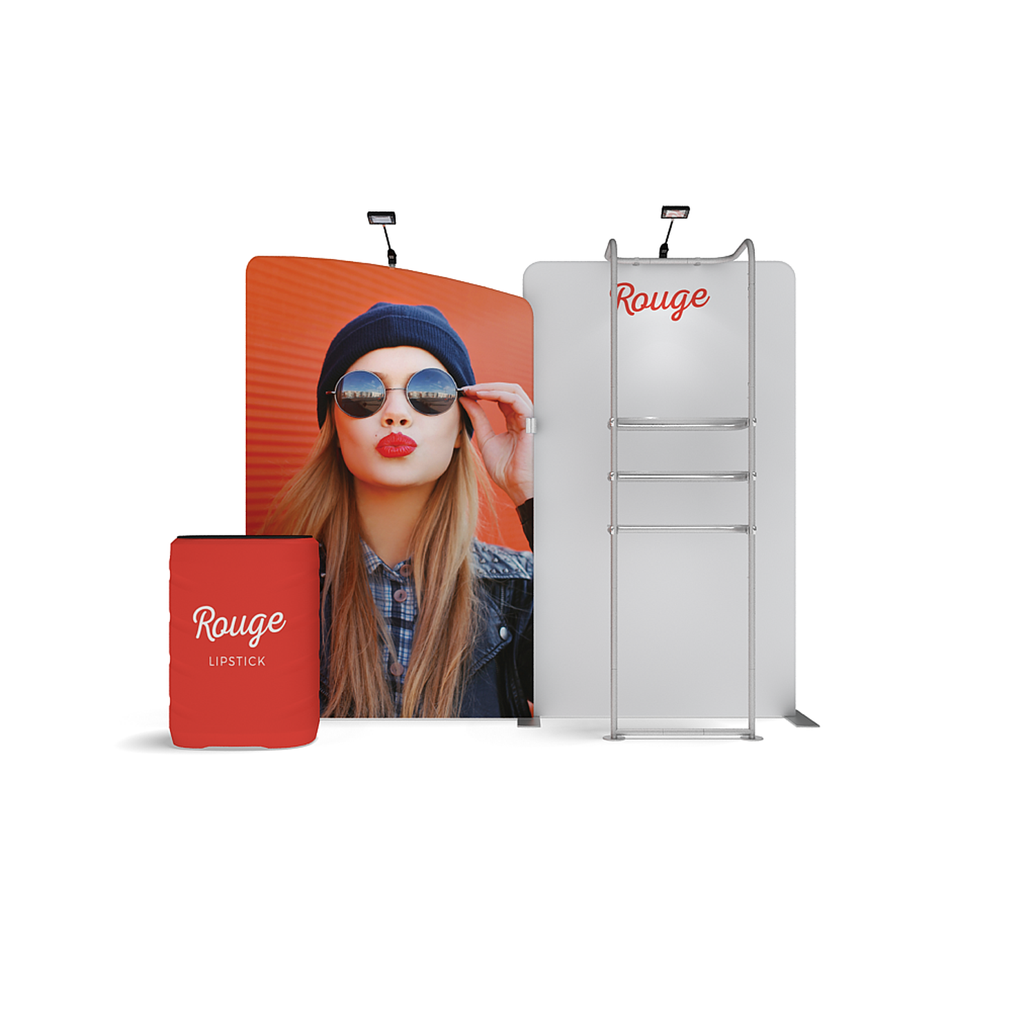 Fabric Display Wall 2.84m x 2.45m, Single-Sided, with Shelving, LED Spotlights & Counter Case - Design EA2