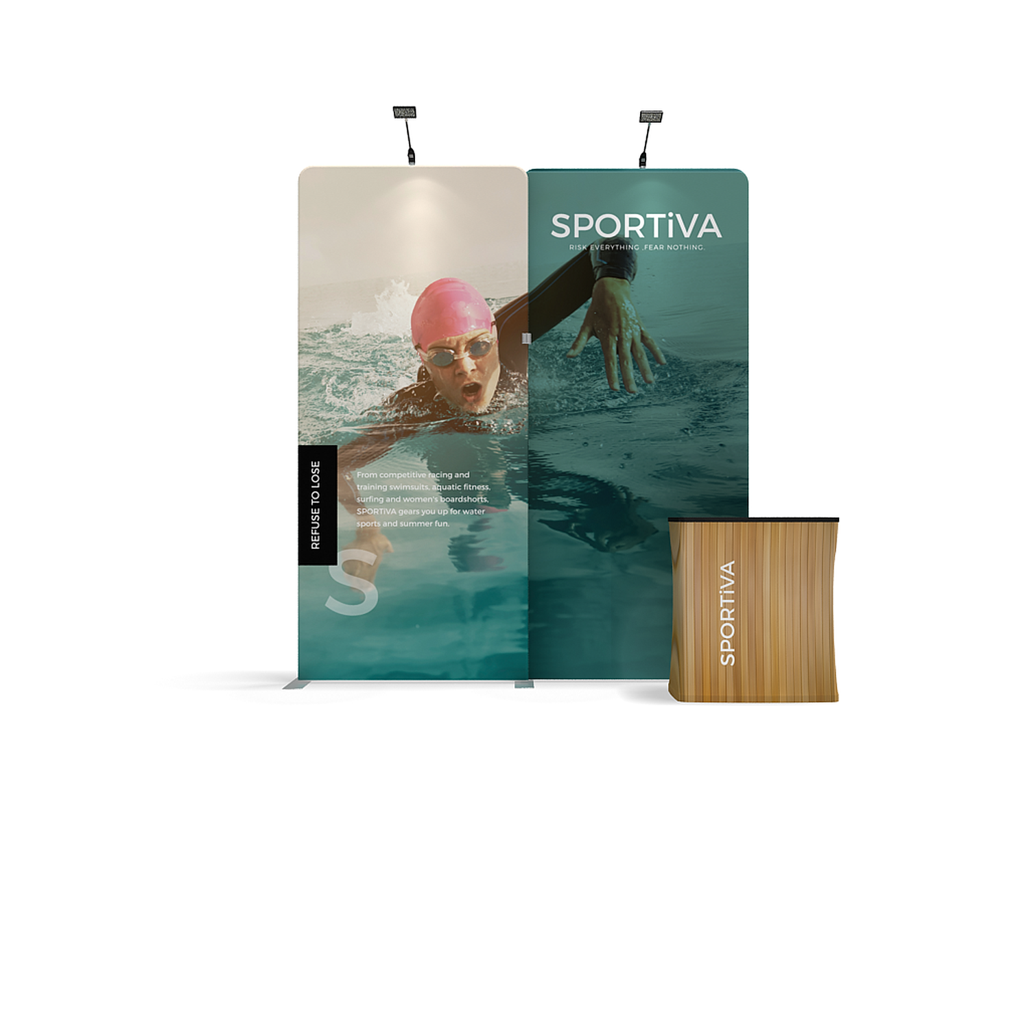 Fabric Display Wall 2.84m x 3.18m, Single-Sided, with LED Spotlights & Counter Case - Image 4