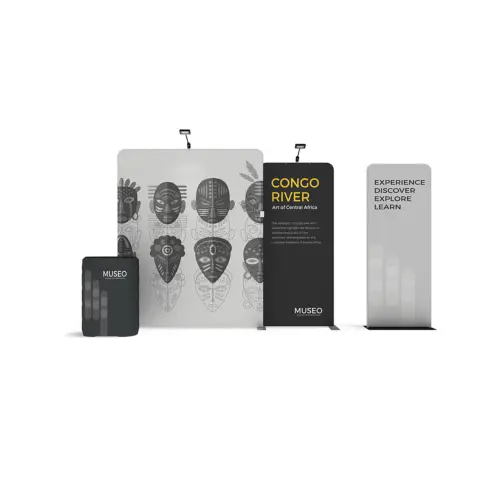Fabric Display Wall 2.99m x 2.45m, Double-Sided, with LED Spotlights, Counter Case & Banner Stand