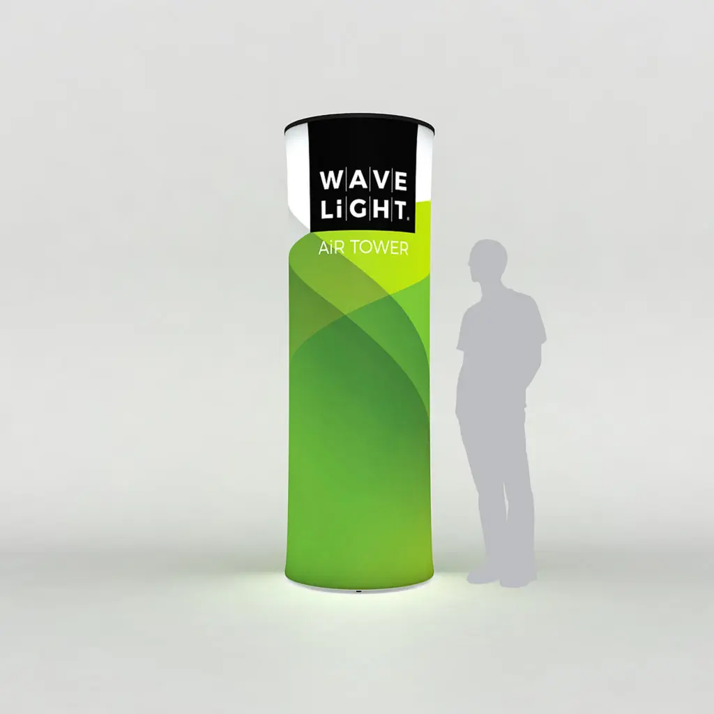 Circular inflatable fabric totem with a printed graphic wrapping the column