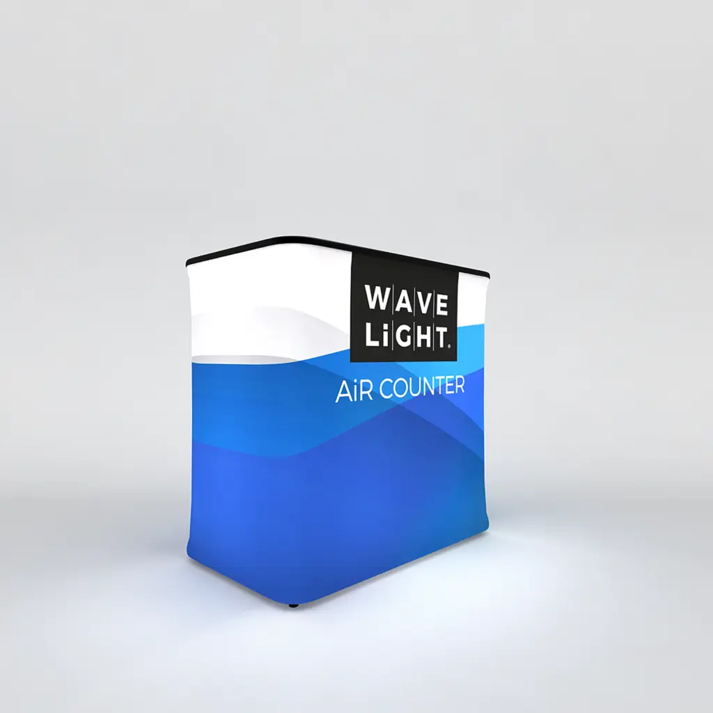 WaveLight Air rectangular inflatable backlit counter with a blue wave graphic and black top
